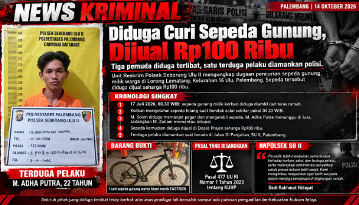 Diduga Curi Sepeda Gunung dan Dijual Rp100 Ribu, Tiga Pemuda di Palembang Berurusan dengan Polisi